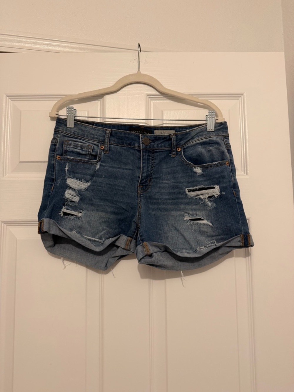 Aeropostale Distressed Dark Blue Denim Roll-Cuff Shorts